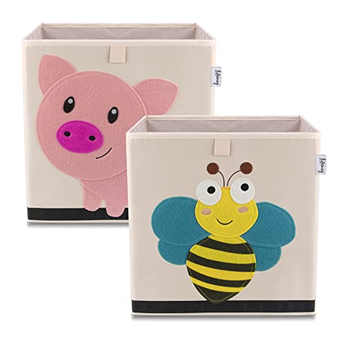LIFENEY Aufbewahrungsbox im 2er Set Biene und Schwein I Doppelpack Spielzeugbox mit Tiermotiv passend für Würfelregale I Ordnungsbox für das Kinderzimmer I Aufbewahrungskorb Kinder von LIFENEY
