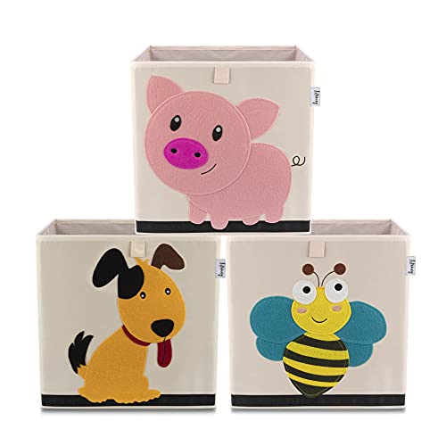 LIFENEY Aufbewahrungsbox im 3er Set Hund, Biene und Schwein I Dreierpack Spielzeugbox mit Tiermotiv passend für Würfelregale I Ordnungsbox für das Kinderzimmer I Aufbewahrungskorb Kinder von LIFENEY
