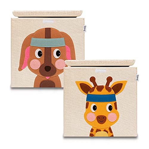 LIFENEY Aufbewahrungsbox mit Deckel im 2er Set Giraffe und Hund I Doppelpack Spielzeugbox mit Tiermotiv passend für Würfelregale I Ordnungsbox für das Kinderzimmer I Aufbewahrungskorb Kinder von LIFENEY