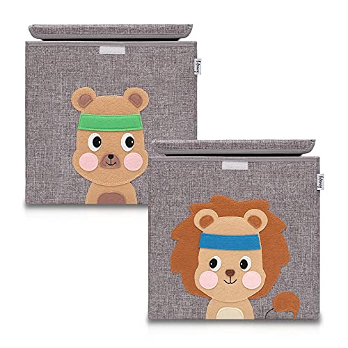 LIFENEY Aufbewahrungsbox mit Deckel im 2er Set Löwe und Bär I Doppelpack Spielzeugbox mit Tiermotiv passend für Würfelregale I Ordnungsbox für das Kinderzimmer I Aufbewahrungskorb Kinder von LIFENEY