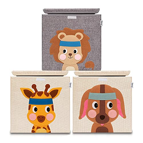 LIFENEY Aufbewahrungsbox mit Deckel im 3er Set Giraffe, Hund und Löwe I Dreierpack Spielzeugbox mit Tiermotiv passend für Würfelregale I Ordnungsbox für das Kinderzimmer I Aufbewahrungskorb Kinder von LIFENEY