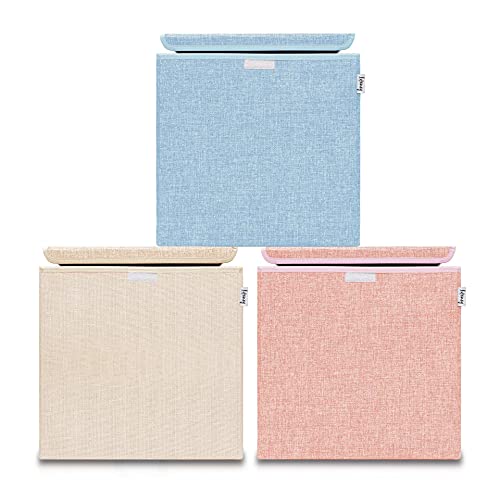 LIFENEY Aufbewahrungsbox mit Deckel im 3er Set Beige, Rosa und Blau I Dreierpack Spielzeugbox passend für Würfelregale I Ordnungsbox für das Kinderzimmer I Aufbewahrungskorb Kinder von LIFENEY