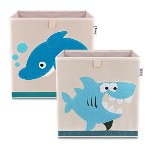 LIFENEY Aufbewahrungsbox im 2er Set Delfin und Hai I Doppelpack Spielzeugbox mit Tiermotiv passend für Würfelregale I Ordnungsbox für das Kinderzimmer I Aufbewahrungskorb Kinder von LIFENEY