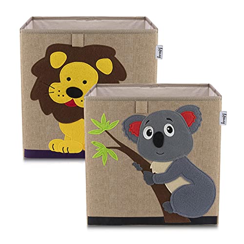 LIFENEY Aufbewahrungsbox im 2er Set Löwe und Koala I Doppelpack Spielzeugbox mit Tiermotiv passend für Würfelregale I Ordnungsbox für das Kinderzimmer I Aufbewahrungskorb Kinder von LIFENEY