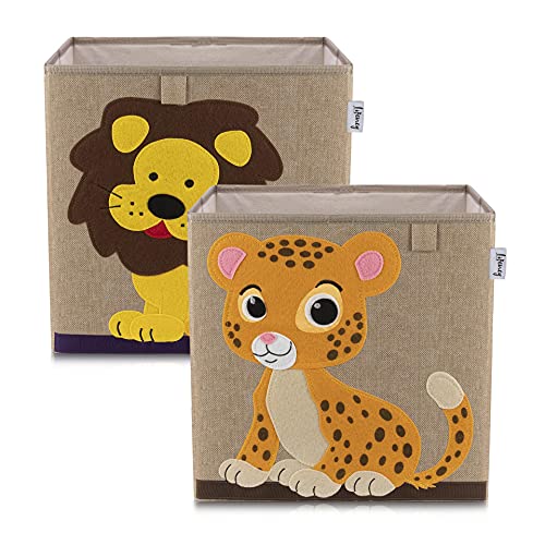 LIFENEY Aufbewahrungsbox im 2er Set Tiger und Löwe I Doppelpack Spielzeugbox mit Tiermotiv passend für Würfelregale I Ordnungsbox für das Kinderzimmer I Aufbewahrungskorb Kinder von LIFENEY