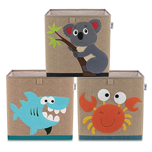 LIFENEY Aufbewahrungsbox im 3er Set Krebs, Hai und Koala I Dreierpack Spielzeugbox mit Tiermotiv passend für Würfelregale I Ordnungsbox für das Kinderzimmer I Aufbewahrungskorb Kinder von LIFENEY