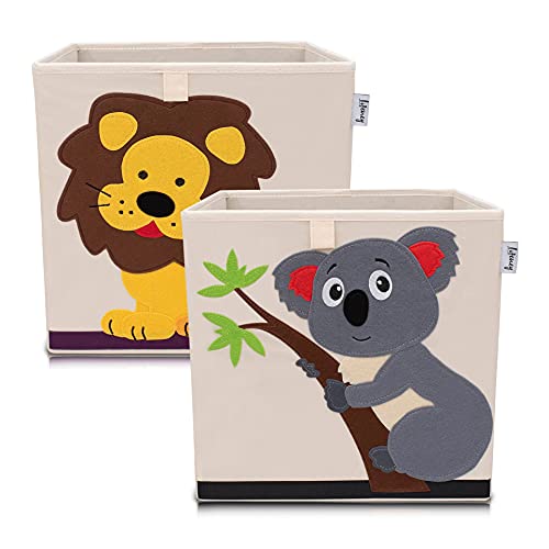 LIFENEY Aufbewahrungsbox im 2er Set Löwe und Koala I Doppelpack Spielzeugbox mit Tiermotiv passend für Würfelregale I Ordnungsbox für das Kinderzimmer I Aufbewahrungskorb Kinder von LIFENEY