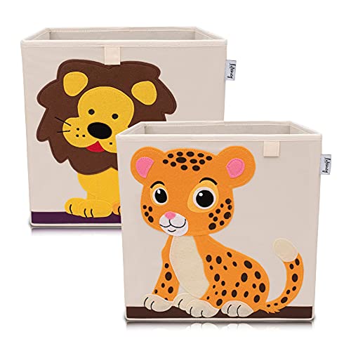 LIFENEY Aufbewahrungsbox im 2er Set Löwe und Tiger I Doppelpack Spielzeugbox mit Tiermotiv passend für Würfelregale I Ordnungsbox für das Kinderzimmer I Aufbewahrungskorb Kinder von LIFENEY
