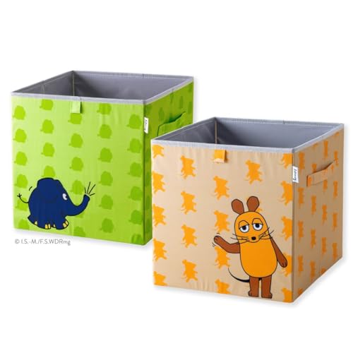 LIFENEY meets Die Maus 2x Aufbewahrungsbox mit Streuprint – Boxen im 2er Set mit der kultigen Maus und dem beliebten Elefanten – 33 x 33 x 33 cm passend für klassische Würfelregale von LIFENEY