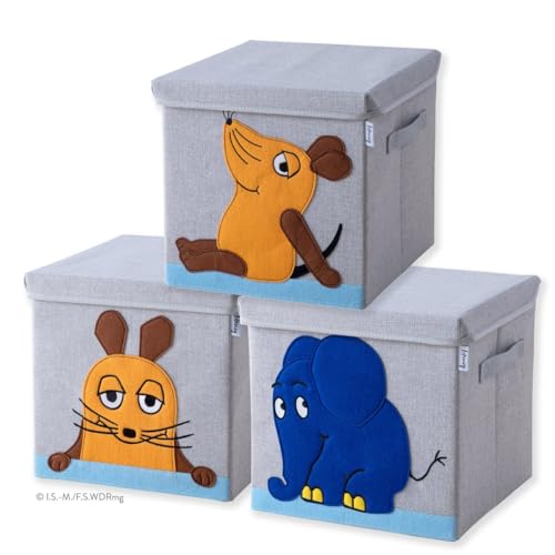 LIFENEY meets Die Maus 3x Aufbewahrungsbox mit Deckel für Kinder – Boxen mit der bekannten Maus und dem beliebten Elefanten im 3er Set – 30 x 30 x 30 cm passend für klassische Würfelregale von LIFENEY