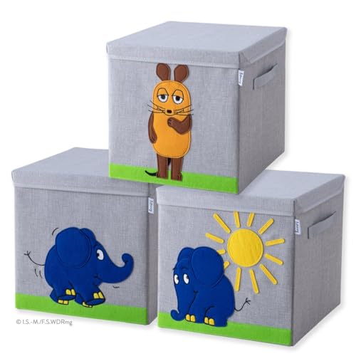 LIFENEY meets Die Maus 3x Aufbewahrungsbox mit Deckel für Kinder – Boxen mit der bekannten Maus und dem beliebten Elefanten im 3er Set – 33 x 33 x 33 cm passend für klassische Würfelregale von LIFENEY