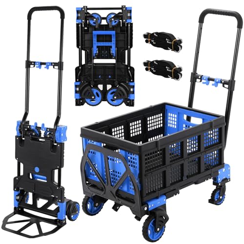 2-in-1 Sackkarre und Plattformwagen mit Klappbox, Transportwagen klappbar max.150 kg, Transportkarre 2 Spanngummis mit Haken, 3-stufig Höhenverstellbar, für Transport, Einkaufen, Camping (Blau) von LIFERUN