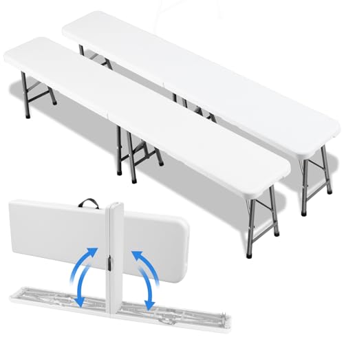 2er Set Bierbank Klappbar,Klappbank Garten,Faltbank Camping mit Tragegriff,Faltbare Campingbank 183cm,Bierzeltbank belastbar bis 500kg,Partybank aus HDPE Kunststoff en Stahlgestell,Gartenbank,Weiß von LIFERUN