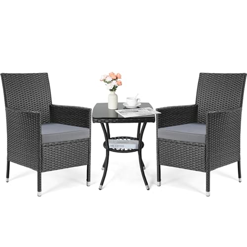 Balkonmöbel Set 3tlg Rattan Gartenmöbel Set Polyrattan Lounge Set Balkon Lounge Set Gartenlounge Set für 2 Satz Stuhl Polyrattan Gartenmöbel Set mit Kissen und Glastisch für Garten Terrasse Schwarz von LIFERUN