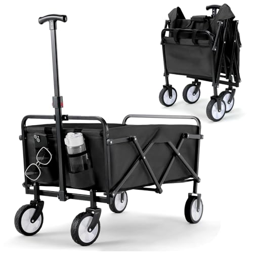 Bollerwagen Faltbar Handwagen All Terrain Räder, Gartenwagen mit Getränkehalter verstellbarem Griff, Transportwagen Klappbar Strandwagen, Gartenkarre, Einkaufswagen, Camping (Schwarz) von LIFERUN