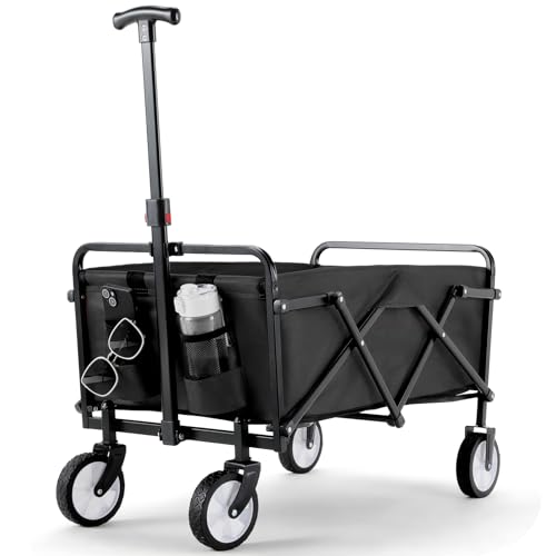 Bollerwagen Faltbar Handwagen All Terrain Räder, Gartenwagen mit Getränkehalter verstellbarem Griff, Transportwagen Klappbar Strandwagen, Gartenkarre, Einkaufswagen, Camping (Schwarz1) von LIFERUN