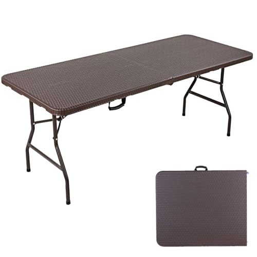 Gartentisch Klappbar 180x76cm, Buffettisch Klappbar Kunststoff, Klapptisch mit Tragegriff, Campingtisch für 10 Personen, Wetterfest Tragbar Partytisch für Garten Terrasse Balkon,bis 150kg Rattan-Optik von LIFERUN