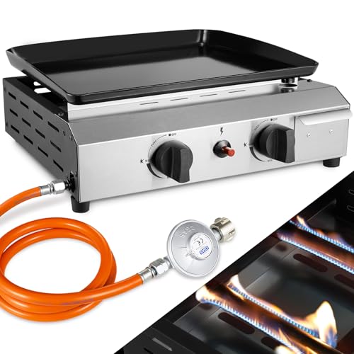 Gas Plancha Grillplatte, Kompakt Tischgasgrill 2 Brenner, Gasgrill Edelstahl 4,8 KW(16500 BTU), Keramische Lackbeschichtung Grillfläche, Tragbarer Balkon Camping Picknick BBQ Grill (Butan/Propan) von LIFERUN
