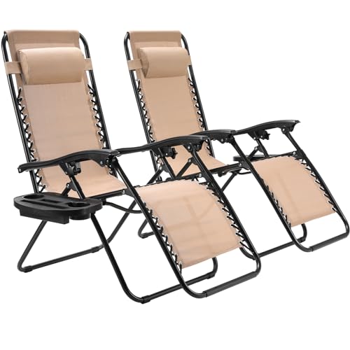 LIFERUN 2-teiliges Sonnenliege Set, klappbar Liegestuhl mit verstellbarem Kopfpolster & Rückenlehne, Relaxliege für Mittagspause mit Getränkehalter, ergonomisch und atmungsaktiv, Beige von LIFERUN