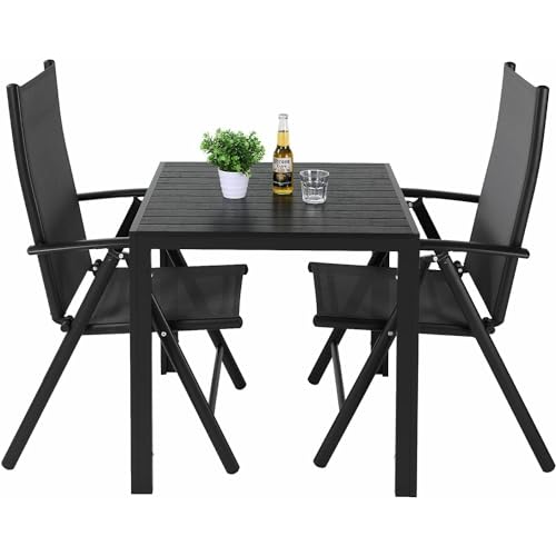 LIFERUN 3-Teiliges Gartenmöbel Set, Aluminium Balkonmöbel Set, 2pcs Verstellbare Hochlehner Klappstühle + 1 WPC Quadratisch Tisch, Essgruppe Sitzgruppe Outdoor, Wetterfest, Schwarz von LIFERUN