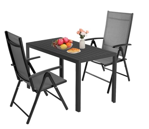 LIFERUN 3-Teiliges Gartenmöbel Set, Aluminium Balkonmöbel Set, 2pcs Verstellbare Hochlehner Klappstühle +110x70cm WPC Wetterfest Rechteckiger Terrassentisch,Essgruppe Sitzgruppe Outdoor, Schwarz von LIFERUN