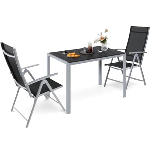 LIFERUN 3-Teiliges Gartenmöbel Set, Aluminium Balkonmöbel Set, 2pcs Verstellbare Hochlehner Klappstühle +110x70cm WPC Wetterfest Rechteckiger Terrassentisch,Essgruppe Sitzgruppe Outdoor, Silber Grau von LIFERUN