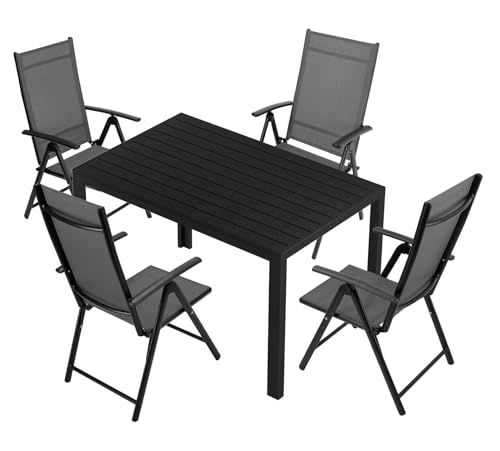LIFERUN 5-Teiliges Gartenmöbel Set, Aluminium Balkonmöbel Set, 4pcs Verstellbare Hochlehner Klappstühle +110x70cm WPC Wetterfest Rechteckiger Terrassentisch,Essgruppe Sitzgruppe Outdoor, Schwarz von LIFERUN