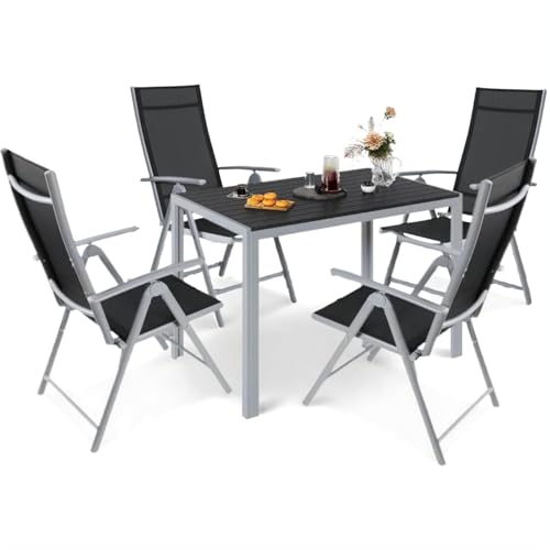 LIFERUN 5-Teiliges Gartenmöbel Set, Aluminium Balkonmöbel Set, 4pcs Verstellbare Hochlehner Klappstühle +110x70cm WPC Wetterfest Rechteckiger Terrassentisch,Essgruppe Sitzgruppe Outdoor, Silber Grau von LIFERUN