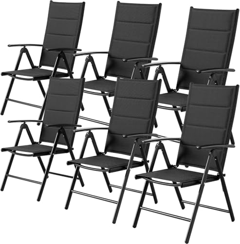 LIFERUN 6er Set Gartenstühl Hochlehner Klappbar, Aluminium Balkonstuhl, mit Gesteppte Rückenlehne & Sitzfläche, 7-Fach Verstellbar, Outdoor Esszimmerstuhl, Armlehnen Klappstuhl, Schwarz, 6 PCS von LIFERUN