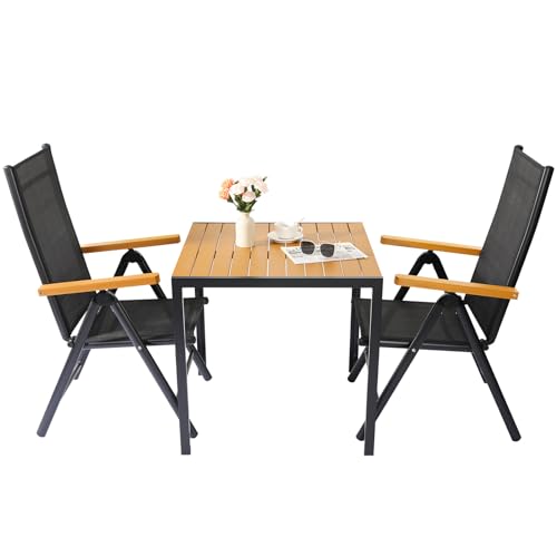 LIFERUN Alu Gartenmöbel Set 3-tlg, Balkonset 2 Stühle 1 Tisch, WPC Gartentisch + 2er Hochlehner Gartenstuhl Klappbar Wetterfest Aluminium Balkonmöbel für Veranden, Innenhöfe, Terrassen, Teakbraune3pcs von LIFERUN