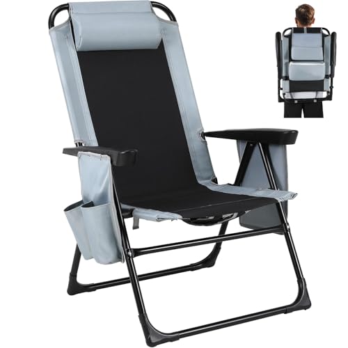 LIFERUN Campingstuhl Faltbar mit Rucksackfunktion, Klappstuhl Camping mit Liegefunktion, Verstellbar Hohe Rückenlehne, mit Armlehne, Kopfstütze, Strandstuhl Klappbar Leicht, bis 140 kg von LIFERUN