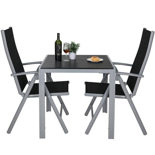 LIFERUN Gartenmöbel Set, 3-TLG Balkonmöbel mit 2pcs Aluminium Klappbar Hochlehner Gartenstuhl & WPC Quadratisch, Wetterfest für Veranden, Innenhöfe, Terrassen, Balkone, Poolränder, Silber Grau von LIFERUN