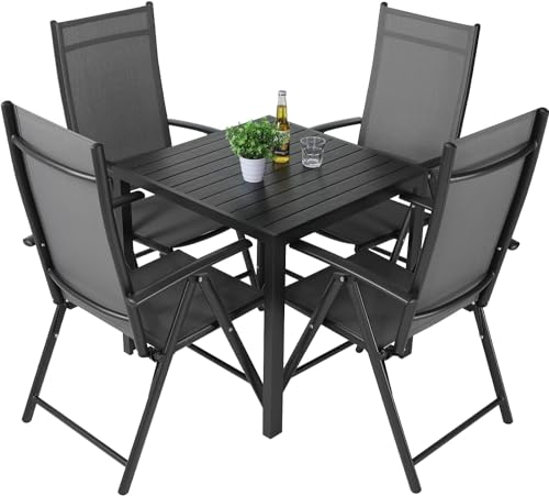 LIFERUN Gartenmöbel Set, 5-TLG Balkonmöbel mit 4pcs Aluminium Klappbar Hochlehner Gartenstuhl & WPC Quadratisch, Wetterfest für Veranden, Innenhöfe, Terrassen, Balkone, Poolränder, Schwarz von LIFERUN
