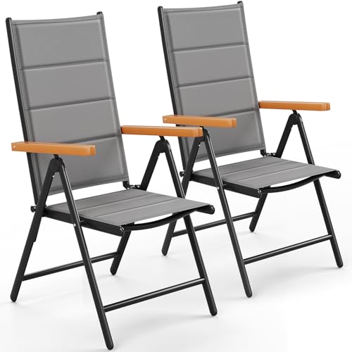 LIFERUN Gartenstühl Hochlehner Klappbar, 2er Set Aluminium Balkonstuhl, WPC Armlehnen, mit Gesteppte Rückenlehne & Sitzfläche,7-Fach Verstellbar,Bis 120 kg, Outdoor Esszimmerstuhl, Grau, 2 PCS von LIFERUN
