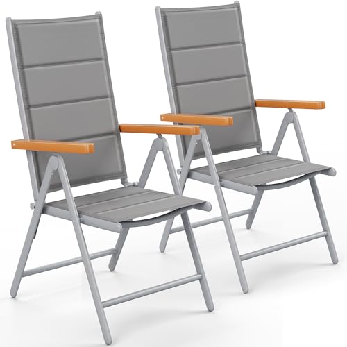 LIFERUN Gartenstühl Hochlehner Klappbar, 2er Set Aluminium Balkonstuhl, WPC Armlehnen, mit Gesteppte Rückenlehne & Sitzfläche,7-Fach Verstellbar,Bis 120 kg, Outdoor Esszimmerstuhl, Silbergrau, 2 PCS von LIFERUN