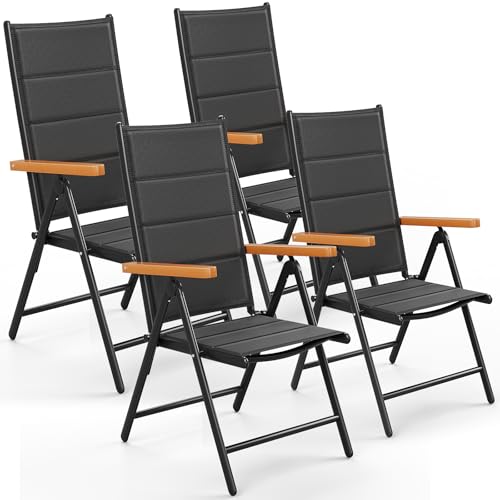 LIFERUN Gartenstühl Hochlehner Klappbar, 4er Set Aluminium Balkonstuhl, WPC Armlehnen, mit Gesteppte Rückenlehne & Sitzfläche,7-Fach Verstellbar,Bis 120 kg, Outdoor Esszimmerstuhl, Schwarz, 4 PCS von LIFERUN