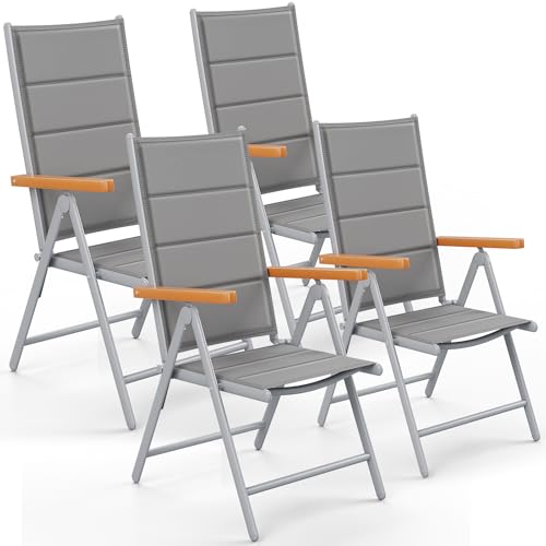LIFERUN Gartenstühl Hochlehner Klappbar, 4er Set Aluminium Balkonstuhl, WPC Armlehnen, mit Gesteppte Rückenlehne & Sitzfläche,7-Fach Verstellbar,Bis 120 kg, Outdoor Esszimmerstuhl, Silbergrau, 4 PCS von LIFERUN