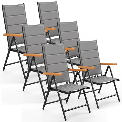 LIFERUN Gartenstühl Hochlehner Klappbar, 6er Set Aluminium Balkonstuhl, WPC Armlehnen, mit Gesteppte Rückenlehne & Sitzfläche,7-Fach Verstellbar,Bis 120 kg, Outdoor Esszimmerstuhl, Grau, 6 PCS von LIFERUN