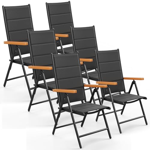 LIFERUN Gartenstühl Hochlehner Klappbar, 6er Set Aluminium Balkonstuhl, WPC Armlehnen, mit Gesteppte Rückenlehne & Sitzfläche,7-Fach Verstellbar,Bis 120 kg, Outdoor Esszimmerstuhl, Schwarz, 6 PCS von LIFERUN