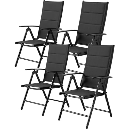 Gartenstühl Hochlehner Klappbar, 4er Set Aluminium Balkonstuhl, Bis 120 kg,mit Gesteppte Rückenlehne & Sitzfläche, 7-Fach Verstellbar, Outdoor Esszimmerstuhl, Armlehnen Klappstuhl, Schwarz, 4 PCS von LIFERUN