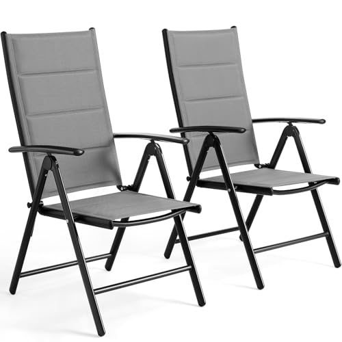 LIFERUN Gartenstühl Hochlehner Klappbar, 2er Set Aluminium Balkonstuhl,mit Gesteppte Rückenlehne & Sitzfläche,7-Fach Verstellbar,Bis 120 kg, Outdoor Esszimmerstuhl, Armlehnen Klappstuhl, Grau, 2 PCS von LIFERUN