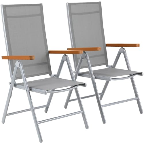 LIFERUN Gartenstühle Alu, Gartenstuhl Hochlehner Klappbar mit 7-Fach Verstellbar Rückenlehne, Teakbraun WPC Armlehnen, Balkonstühle bis 120kg, Leicht Campingstühle, Komfortabel Wetterfest 2pcs von LIFERUN