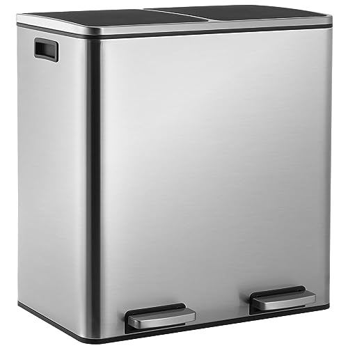 LIFERUN Mülleimer 2 Fächer, Abfalleimer Küche 60L (2x 30 Liter), aus Metall, mit Softclose Deckel, 2 pcs Kunststoff Inneneimer, Griffe, Rechteckiger, Doppelfach Treteimer- Silberner Edelstahl von LIFERUN