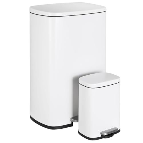 LIFERUN Mülleimer 50l + 5L, 2er Set Abfalleimer aus Stahl mit Softclose Deckel, Abnehmbarer Inneneimer, Geruch isolieren, Großer und Klein Tretmülleimer Set für Küche, Badezimmer, Büro, Weiß von LIFERUN