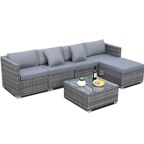 LIFERUN Polyrattan Gartenmöbel Set 6-teilig, Wetterfest Balkonmöbel Set bis 6 Personen, Außen Terrassenmöbel inkl. Rattansessel Couchtisch, Lounge Set Sitzgruppe für Garten, Terrasse und Balkon,Grau von LIFERUN