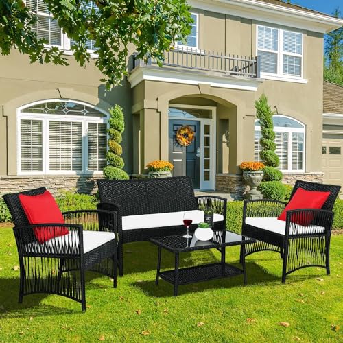 LIFERUN Rattan Gartenmöbel Set,4-Teilig,Platz für 4 Personen,1 x Doppelsofa+2 x Einzelsessel+1 x Couchtisch+3 x Sitzkissen,Balkonmöbel, Geeignet für Terrasse, Outdoor, Schwarz, Bequem, Atmungsaktiv von LIFERUN