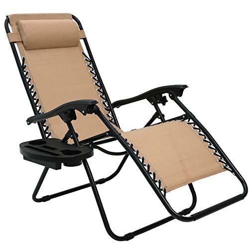 LIFERUN Sonnenliege Set, klappbar Liegestuhl mit verstellbarem Kopfpolster & Rückenlehne, Relaxliege für Mittagspause mit Getränkehalter, ergonomisch und atmungsaktiv, Beige von LIFERUN