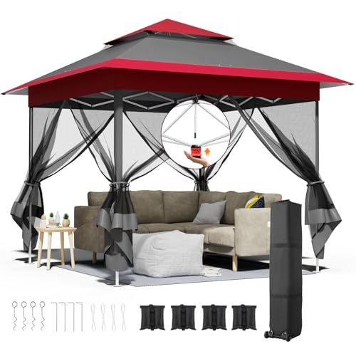 Pavillon 3,3x3,3 mit 4 Moskitonetz Seitenteilen, One Push Faltpavillon Wasserdicht Stabil, Doppeldach Partyzelt UV Schutz 50+, Gartenpavillon 4 PCS Sandsäcken, für Patio/Markt/Camping, Rot Grau Pavillon 3,3x3,3 mit 4 Moskitonetz Seitenteilen, One Push Faltpavillon Wasserdicht Stabil, Doppeldach Partyzelt UV Schutz 50+, Gartenpavillon 4 PCS Sandsäcken, für Patio/Markt/Camping, Rot Grau von LIFERUN