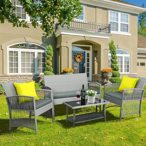 Rattan Gartenmöbel Set,4-Teilig,Platz für 4 Personen,1 x Doppelsofa+2 x Einzelsessel+1 x Couchtisch+3 x Sitzkissen, Balkonmöbel,Geeignet für Terrasse, Outdoor, Grau, Bequem, Atmungsaktiv und Langlebig von LIFERUN