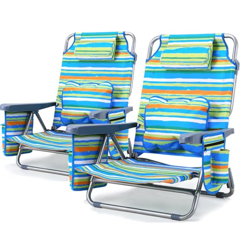 Strandstuhl mit Rucksackfunktion, Klappstuhl mit liegefunktion für Sand, Verstellbar Hohe Rückenlehne, mit Armlehne Lendenkissen Kopfstütze Seitentaschen, Campingstuhl Faltbar (2, Grün, 110x65x65 cm) von LIFERUN
